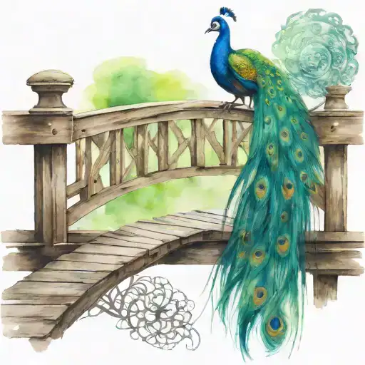 wooden bridge with peacock feather intertwined tattoo design idea