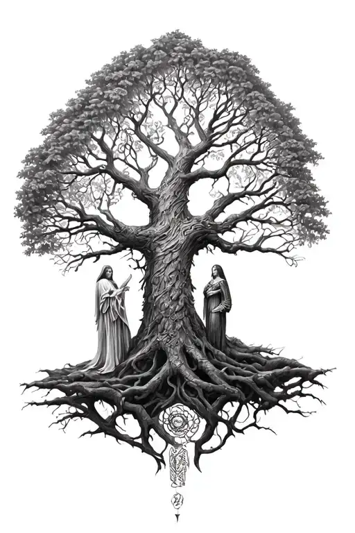 freya norse goddes growing together ygg drasil tree tattoo design idea