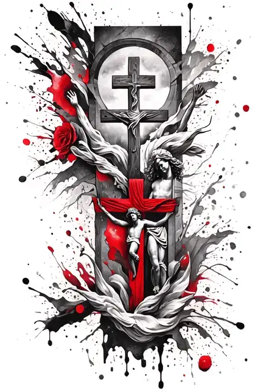 Calf sleeve tattoo featuring elements of christianity such as cross, Jesus Christ, empty tomb,Holy Spirit,Holy Father... tattoo design idea