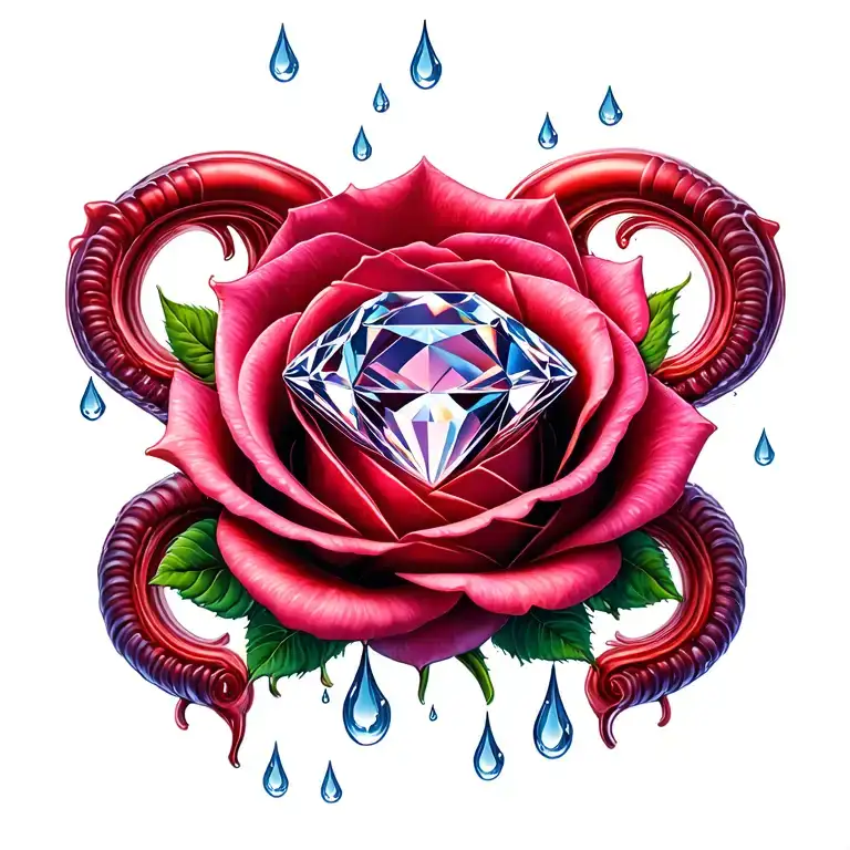 1 diamond in middle, rose, rain drops, surrounded by ovaries fallopian tubes uterus vagina, fertility tattoo design idea