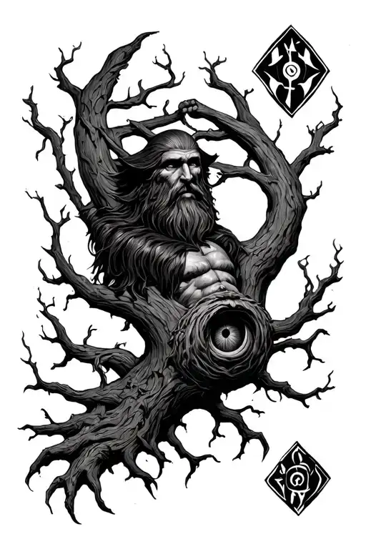 Odin hanging from Yggdrasil, with only one visible eye and surrounded by ANSUZ floating runes tattoo design idea