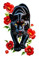 black panther crawling down surrounded by red flowers tattoo design idea