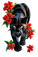 black panther crawling down surrounded by red flowers tattoo design idea