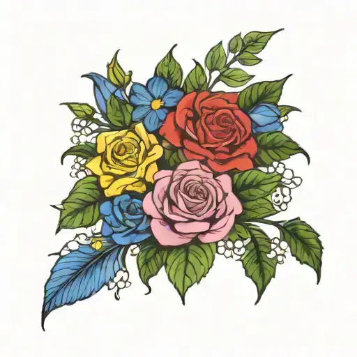 rose, honeysuckle, aster, and morning glory bouquet  tattoo design idea