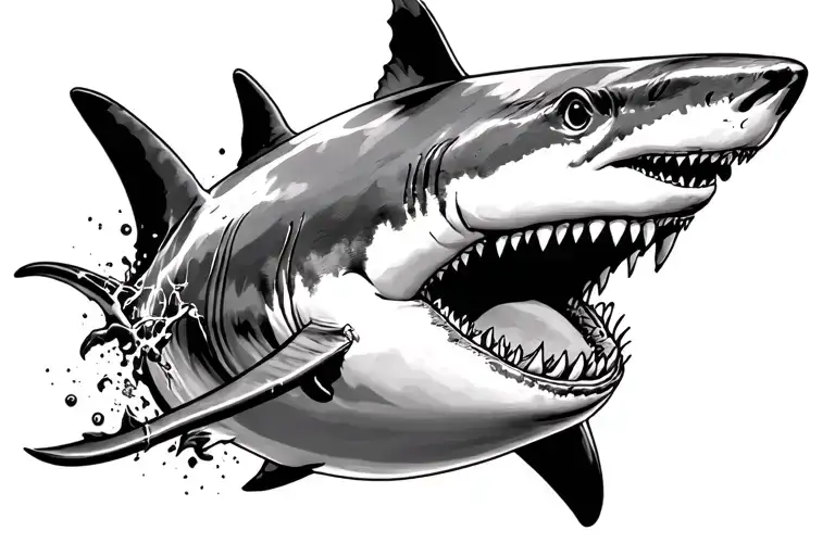 Design me a chest tattoo of a great white shark with the mouth of the shark incorporated into my pectus excavatum tattoo design idea