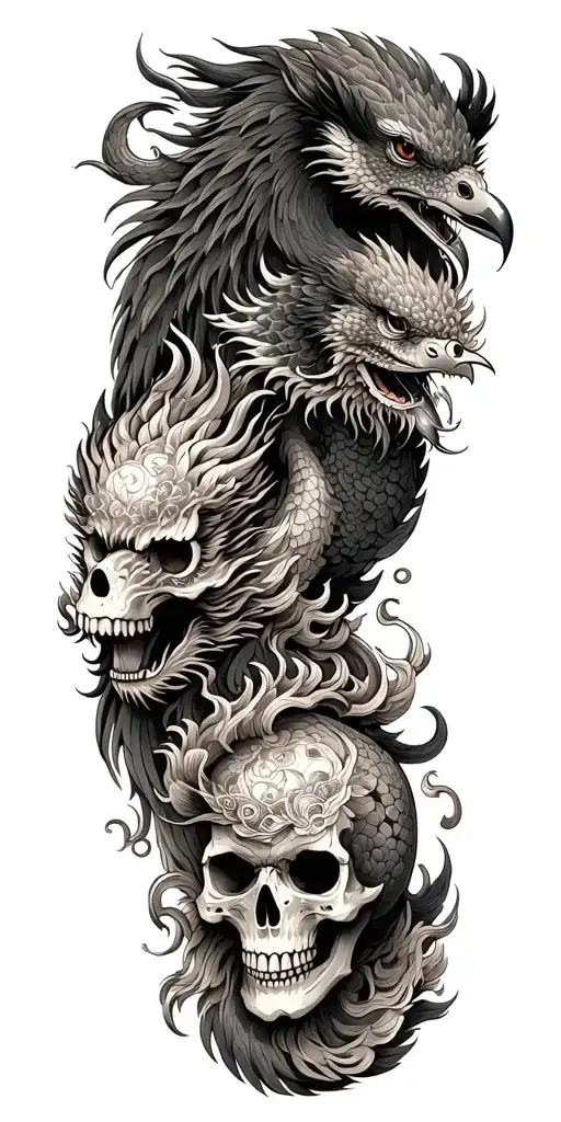 Chinese dragon and phoenix and skull and moon and raven tattoo design idea