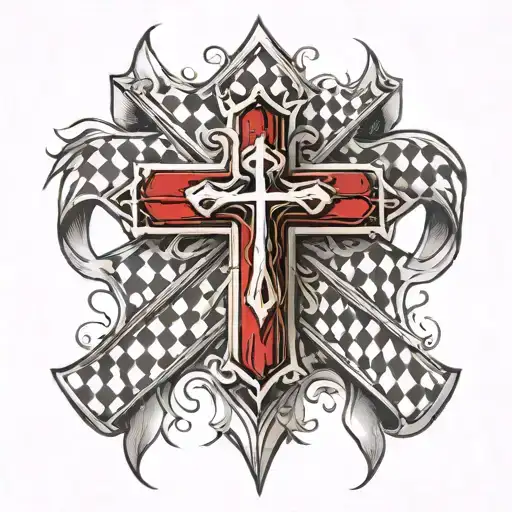 christian cross wrapped by a racing checkered flag tattoo design idea