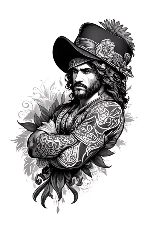 Black-and-gray Chicano tattoo sleeve with a Russian flavor, for a male arm.  tattoo design idea