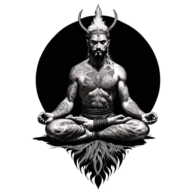 Realistic powerful warrior with tattoo sitting in meditation. Tattoo with great detail and fine lines tattoo design idea
