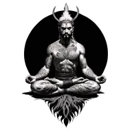 Realistic powerful warrior with tattoo sitting in meditation. Tattoo with great detail and fine lines tattoo design idea