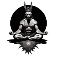 Realistic powerful warrior with tattoo sitting in meditation. Tattoo with great detail and fine lines tattoo design idea