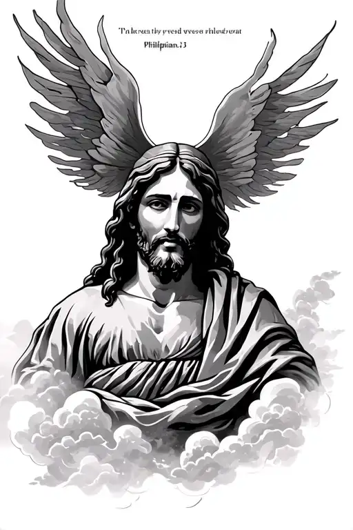 jesus with Philippians 4:13 Phillipeins verse and clouds tattoo design idea
