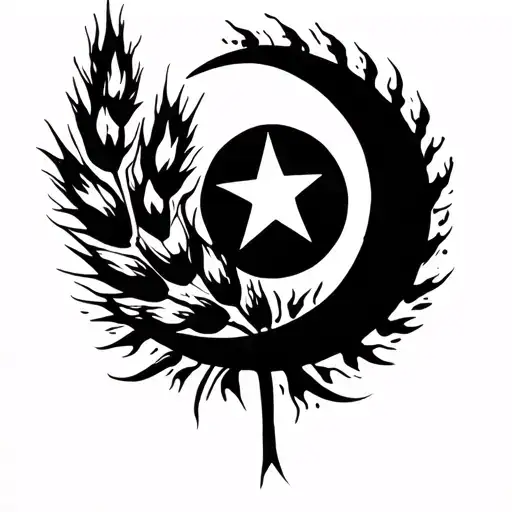 star, crescent moon, wheat strand and fire tattoo design idea