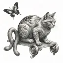 cat playing with a butterfly in the moon tattoo design idea