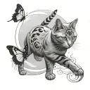 cat playing with a butterfly in the moon tattoo design idea
