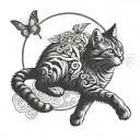 cat playing with a butterfly in the moon tattoo design idea