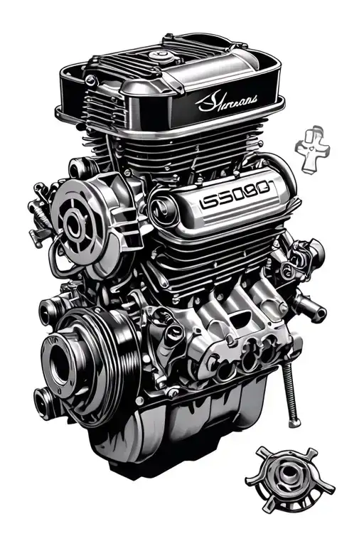 small block 350 engine parts scattered in a graveyard style back ground tattoo design idea
