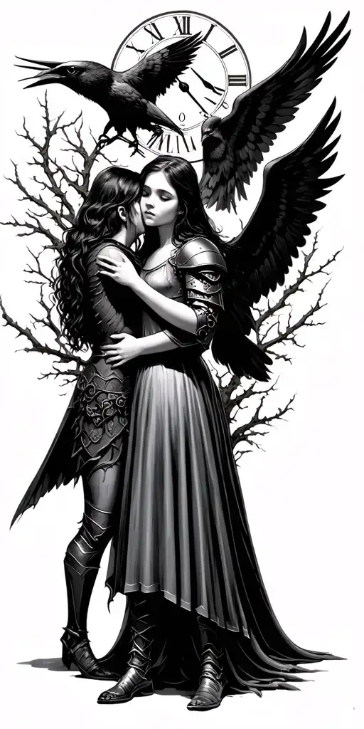 A tired knight hugs a girl an angel, a raven, a feed clock, a thorns bush tattoo design idea