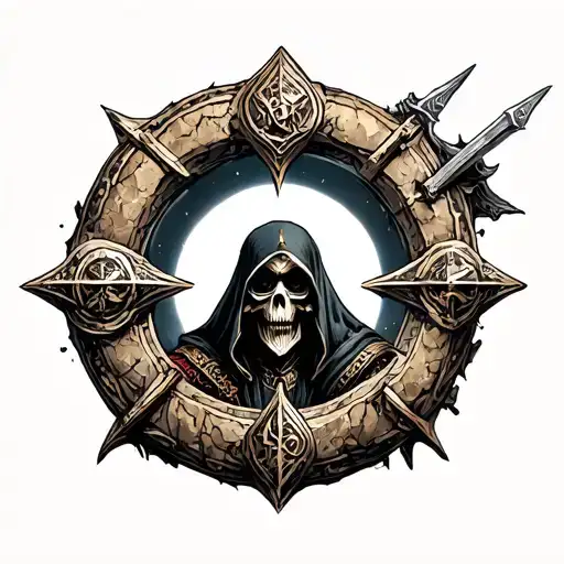 stone OMEGA god of war symbol with a grim reaper inside tattoo design idea