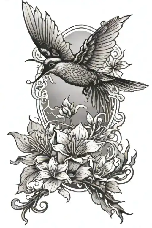 humming bird, trail of leaves growing, phoenix rebirth by fire, flowers, lotus, japanese wave tattoo design idea