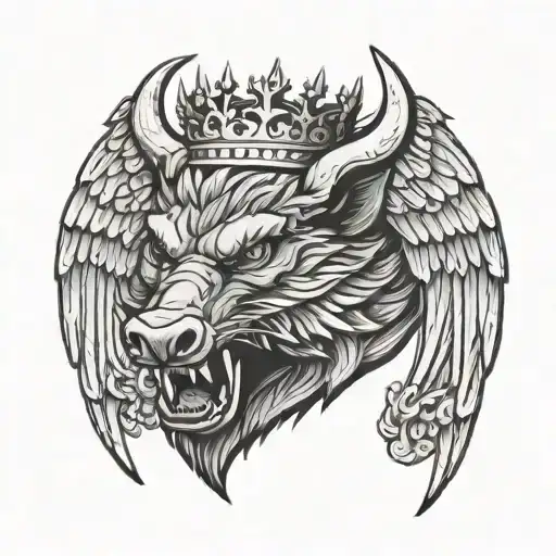 Angry Boar head on a sword and wings wearing a crown tattoo design idea