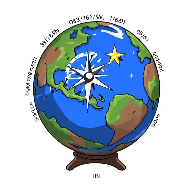 earth globe, a 3d compass star, Latitude 39.103118°N, Longitude 84.512020°W, and my birth date 08/16/1961 tattoo design idea