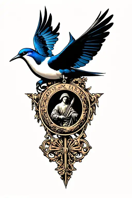 swallow and Saint Christopher medallion tattoo design idea