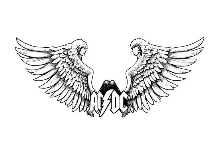 AC/DC WITH ANGEL WINGS AND TWIG HORNS SITTING tattoo design idea
