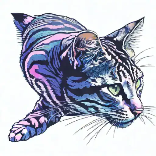 Skinny female tabby cat portrait, blue black green purple pink white, spot on face, tattoo design idea