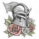 spartan helmet, never give up, red rose tattoo design idea