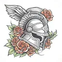 spartan helmet, never give up, red rose tattoo design idea