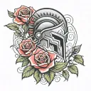 spartan helmet, never give up, red rose tattoo design idea