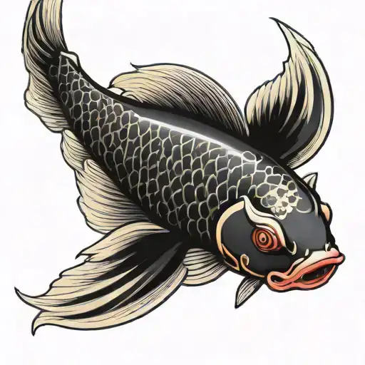 koi fish jumping with scales and fins colored black, but then fade to red on the side, and then yellow on the bottom tattoo design idea