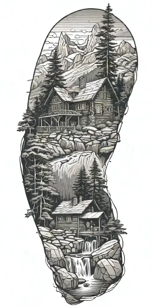 A detailed log cabin nestled in the mountains surrounded by pine trees and a flowing river tattoo design idea