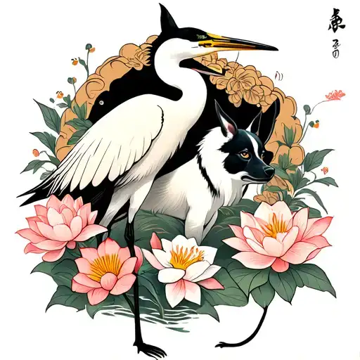 Egret and Japanese dog surrounded by lotus hibiscus and tulips tattoo design idea