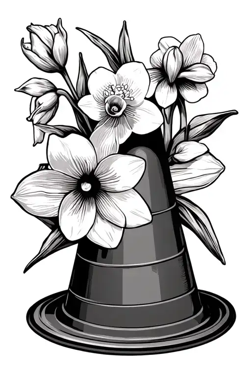 traffic cone with narcissus flowers intertwined tattoo design idea