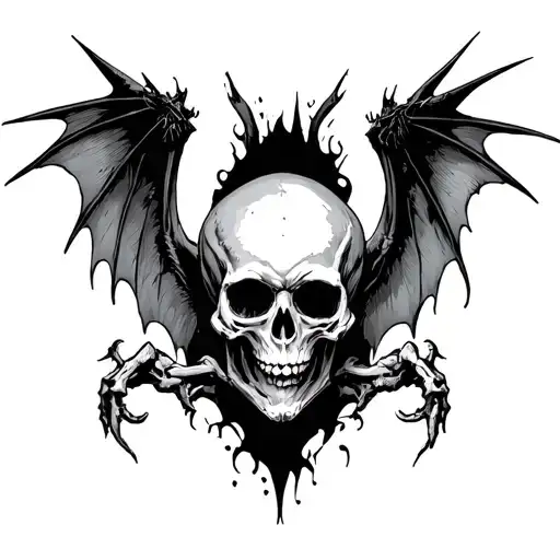 I want an deathbat tattoo of a skeleton skull with wings make it dark and creepy make it sick as fuck tattoo design idea