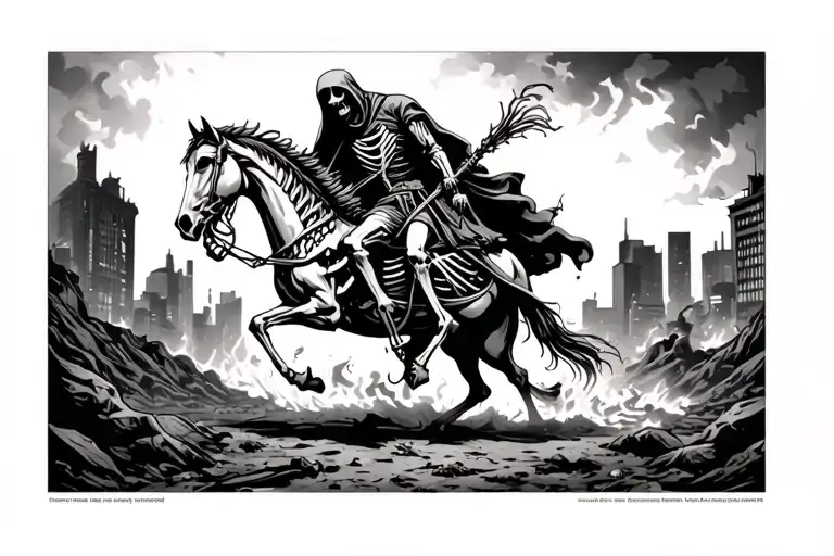 burning apocalypse ground city landscape with grim reaper on horse skeleton in background  tattoo design idea