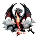 Dragon flying in clouds breathing red and black lightning that travels down arm and strikes a hammer wielded by dwarf tattoo design idea