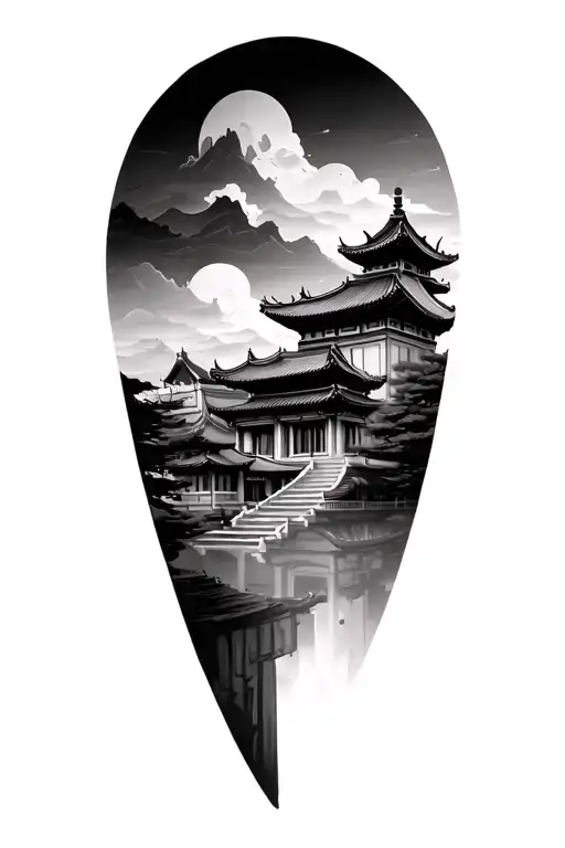 realistic Chinese buildings designed tattoo design idea