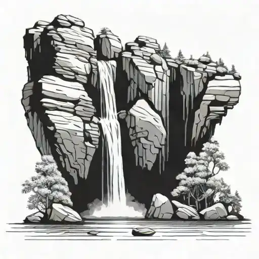 A serene waterfall cascading down a rocky cliff in the Colorado mountains tattoo design idea