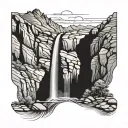A serene waterfall cascading down a rocky cliff in the Colorado mountains tattoo design idea