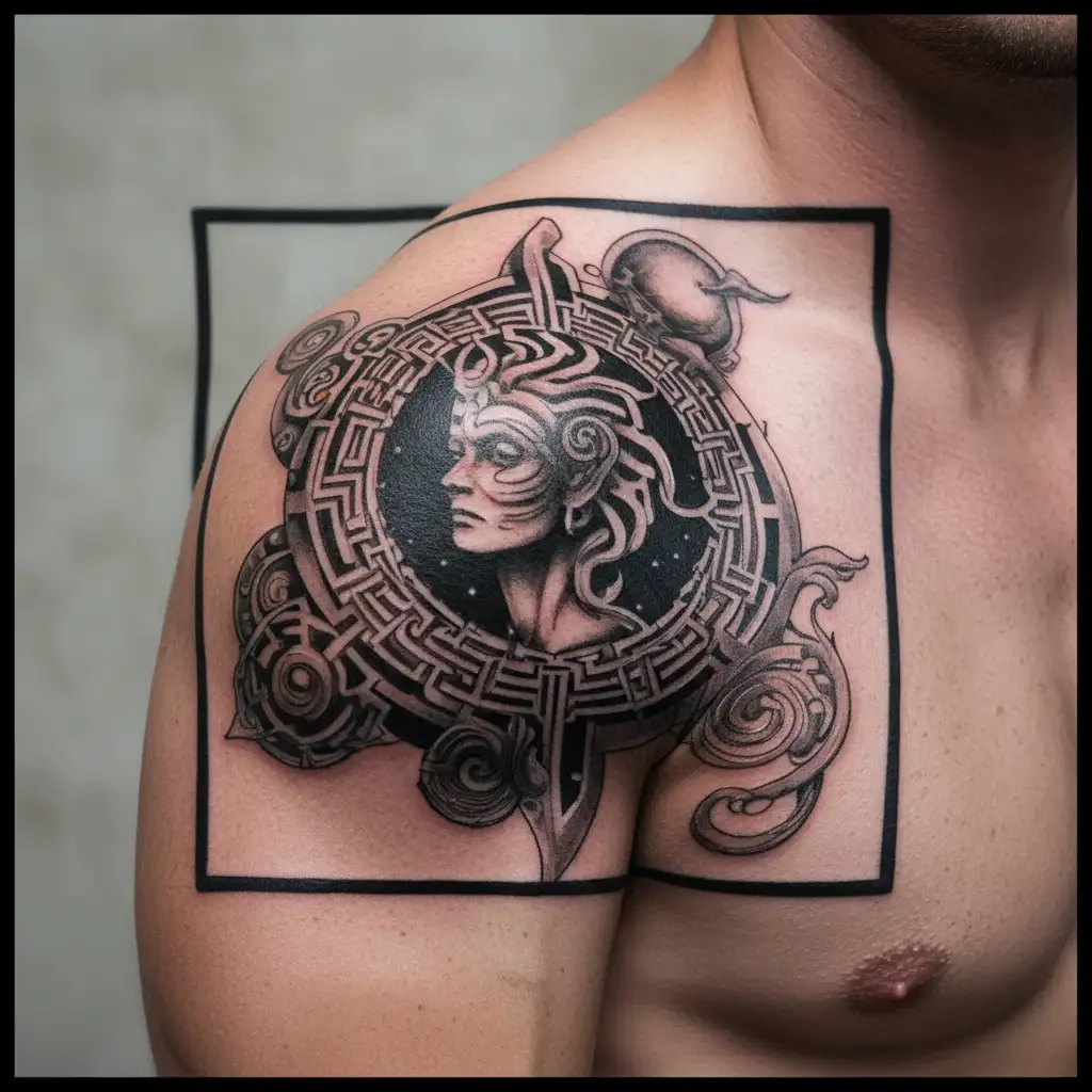 labyrinth and galaxy tattoo design idea