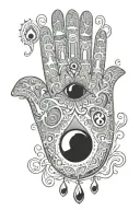 hamsa hand with eye in palm and in each finger: thumb-earth, index-fire, middle-water, ring-air, pinky-ethereal tattoo design idea