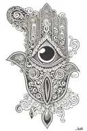 hamsa hand with eye in palm and in each finger: thumb-earth, index-fire, middle-water, ring-air, pinky-ethereal tattoo design idea