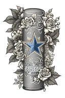 A black and grey design of a memorial candle with the Dallas Cowboys star logo carved into the wax, surrounded by delicate floral accents and a subtle nod to Bud Light beer tattoo design idea