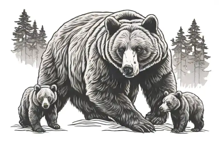 outline of bear and cubs walking tattoo design idea