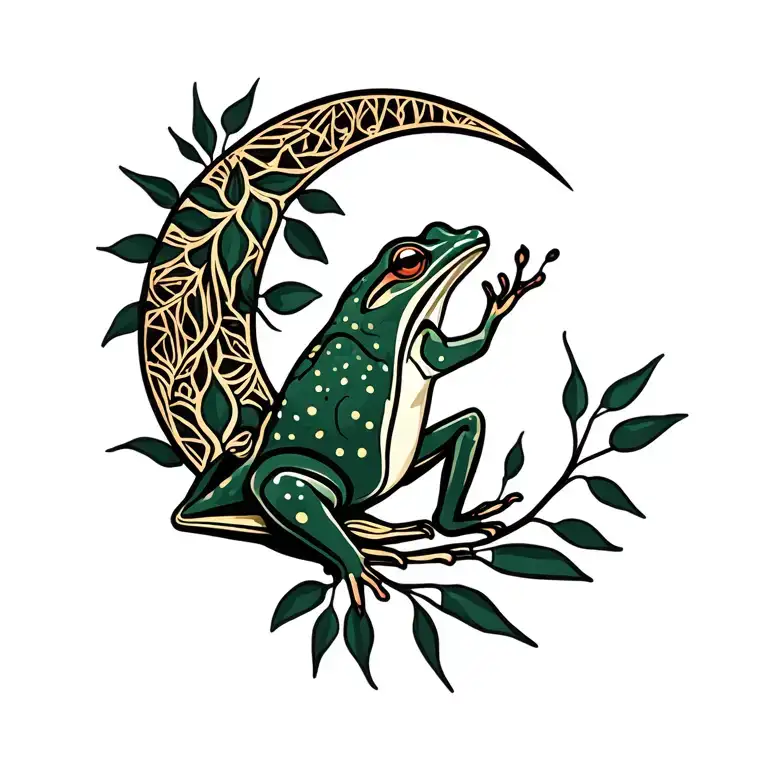 Kambo frog, ayahuasca branch with leaves, waning crescent moon tattoo design idea