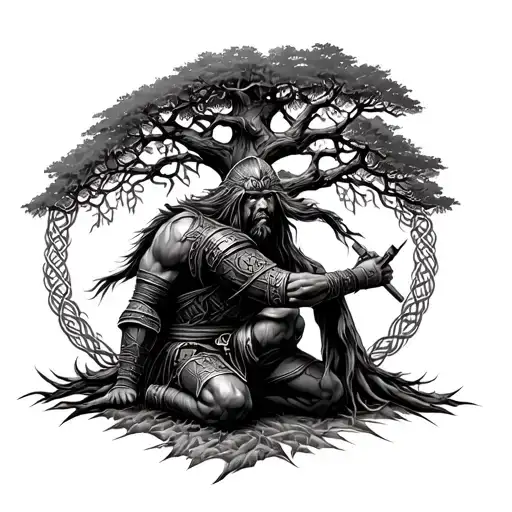 Viking warrior kneeling by knotted tree of life tattoo tattoo design idea