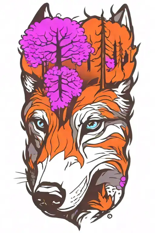 wolf blue eyes forest landscape tattoo design idea